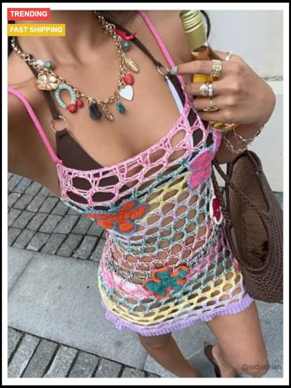 3D Floral Hollow Out Sweater Dress Crochet Bodycon Vacation Outfit